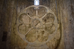 The cathedral was once attacked and explosions destroyed much of the stained glass. This rose window survived, and one other round window far down a hall.